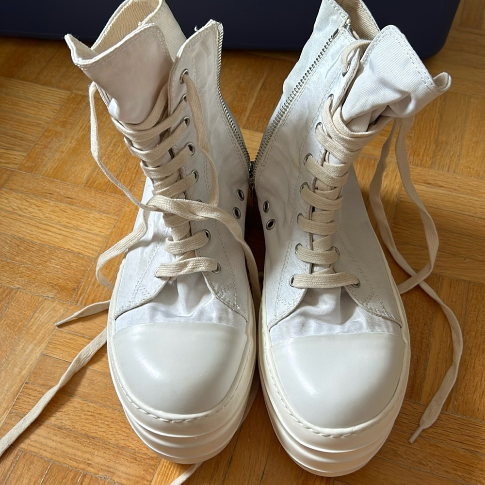 Rick Owens Off-White Canvas & Leather High-Top Lace-Up Boots